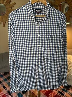 Express Men’s Navy and White Gingham Button-Down Shirt Performance Slim